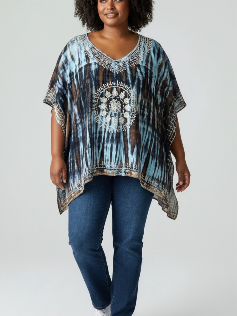 One Size Tie-Dye V-Neck Sequined Embellished Tunic